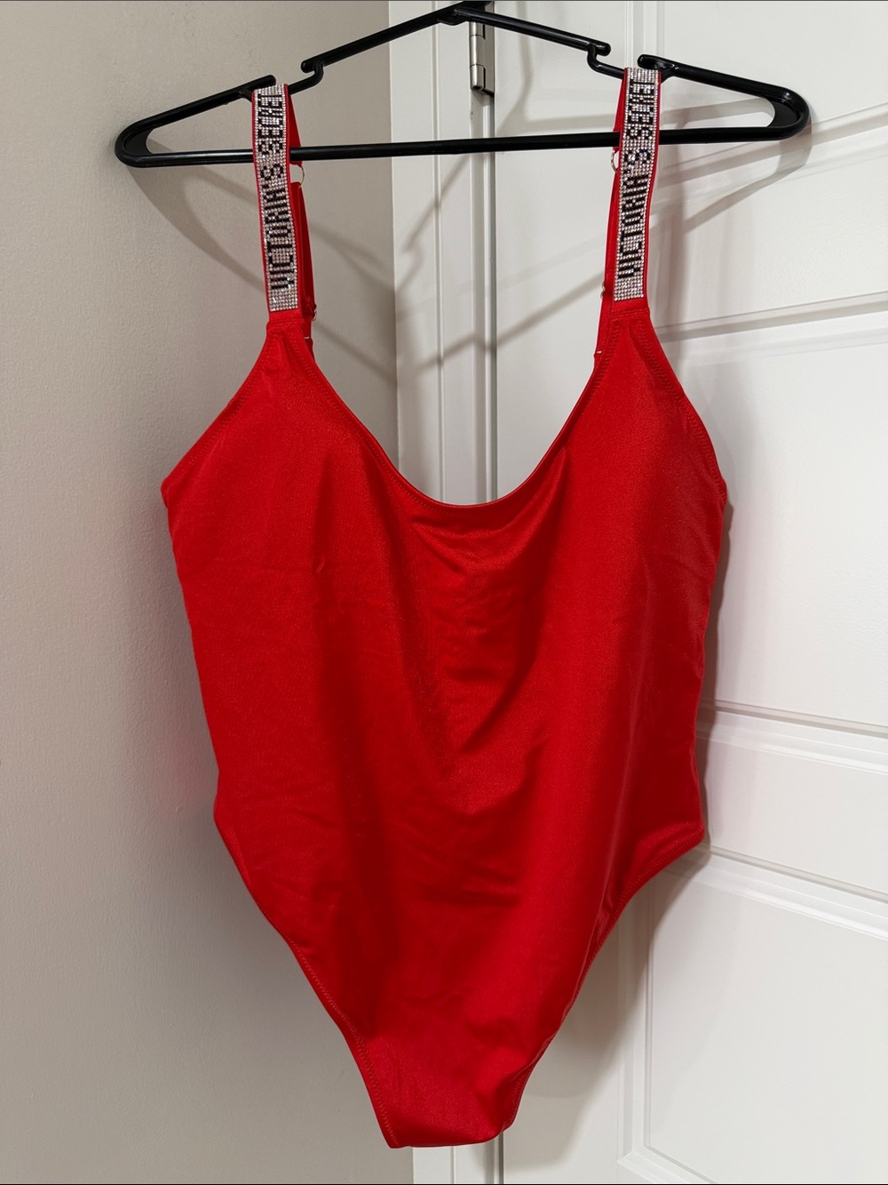 Victoria's Secret Red One-Piece Bodysuit with Logo Rhinestone Straps XL